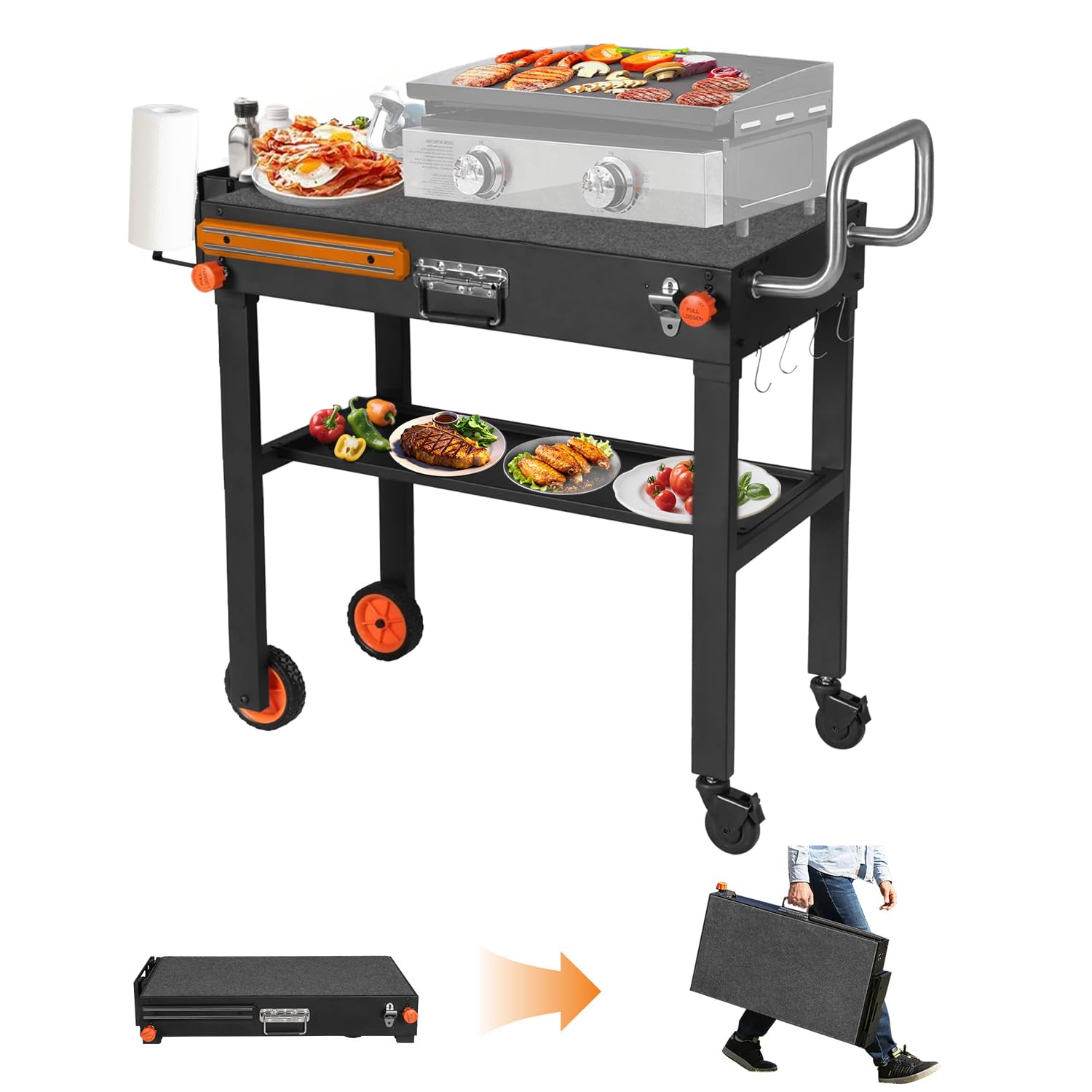 LKVHV front view assembled grill table showing stable prep surface and mobility