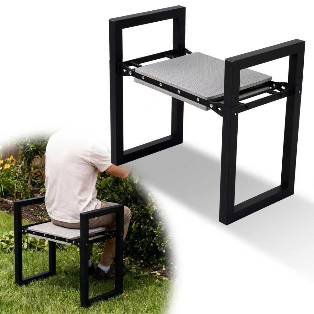 LLARGUEST front view of kneeler and seat showing sturdy frame and pad benefit comfort