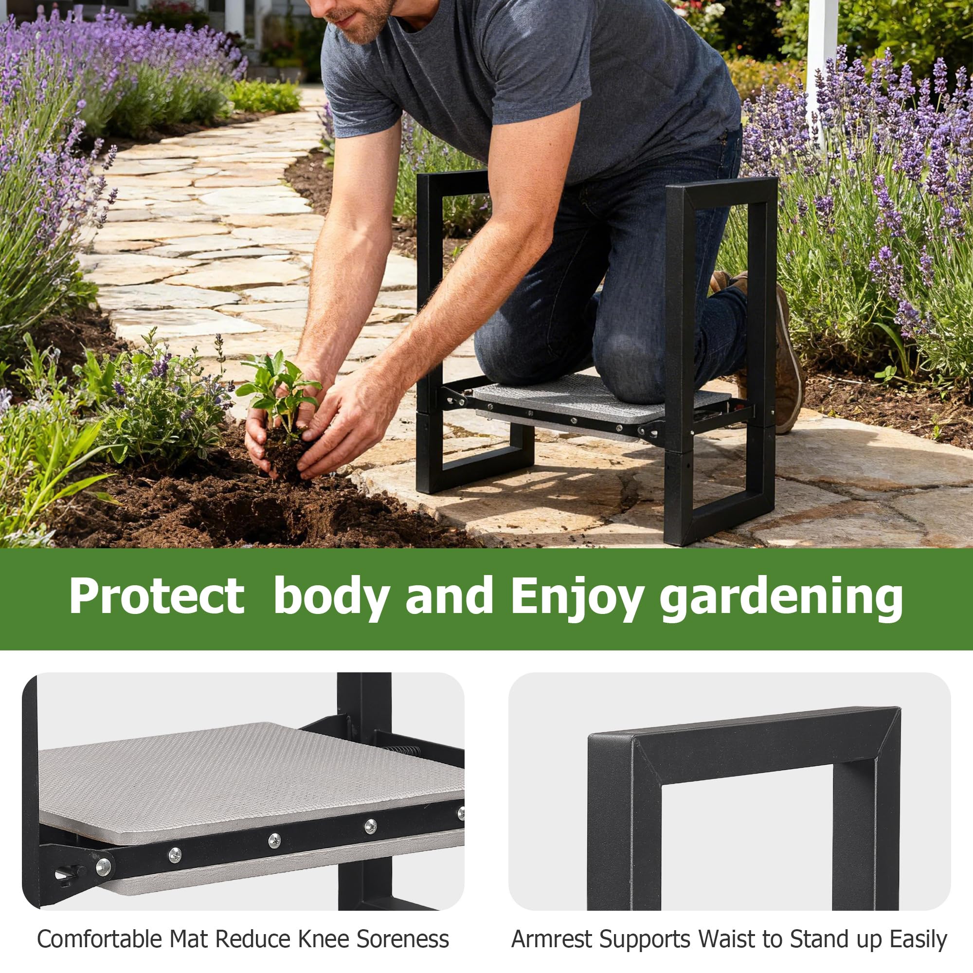 LLARGUEST in garden use while weeding illustrating knee protection benefit