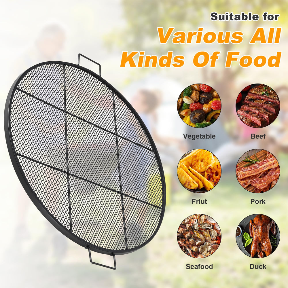 LLARGUEST grate next to dinner plates showing 24-inch scale and cooking capacity