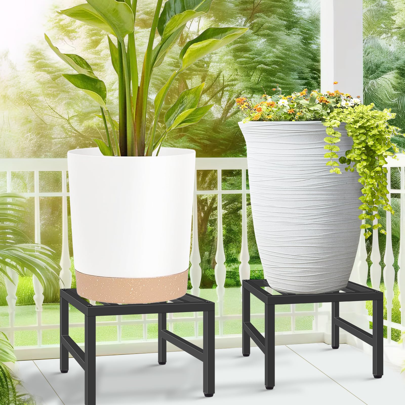 LLAXERGU patio scene with two stands creating elevated outdoor plant display appeal