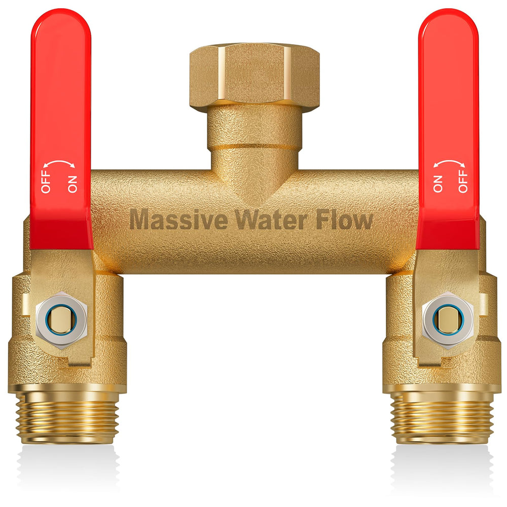 LNEZCDB front-mounted splitter on faucet showing dual outlets and full-flow benefit