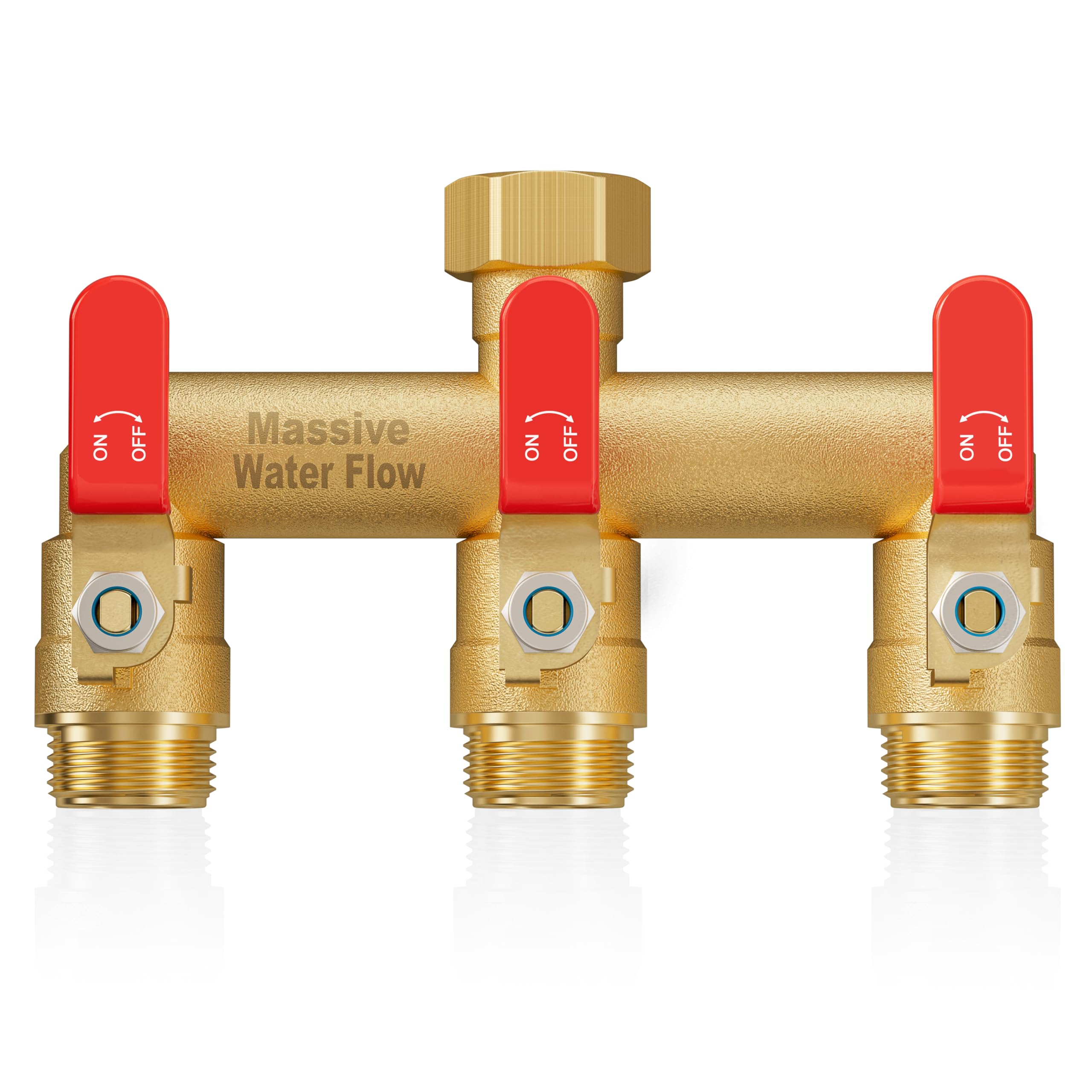 LNEZCDB front view of red 3-way splitter showing full-flow exits and robust body benefit durable multihose use