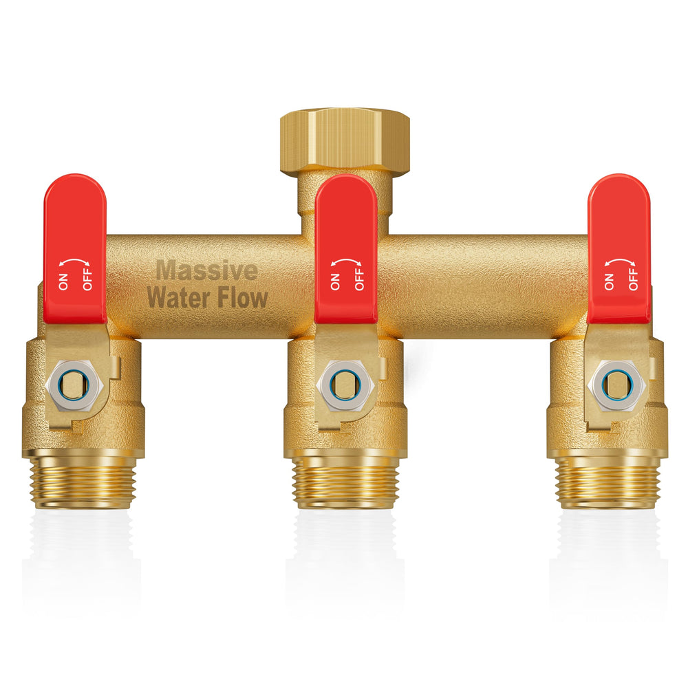 LNEZCDB front view of red 3-way splitter showing full-flow exits and robust body benefit durable multihose use