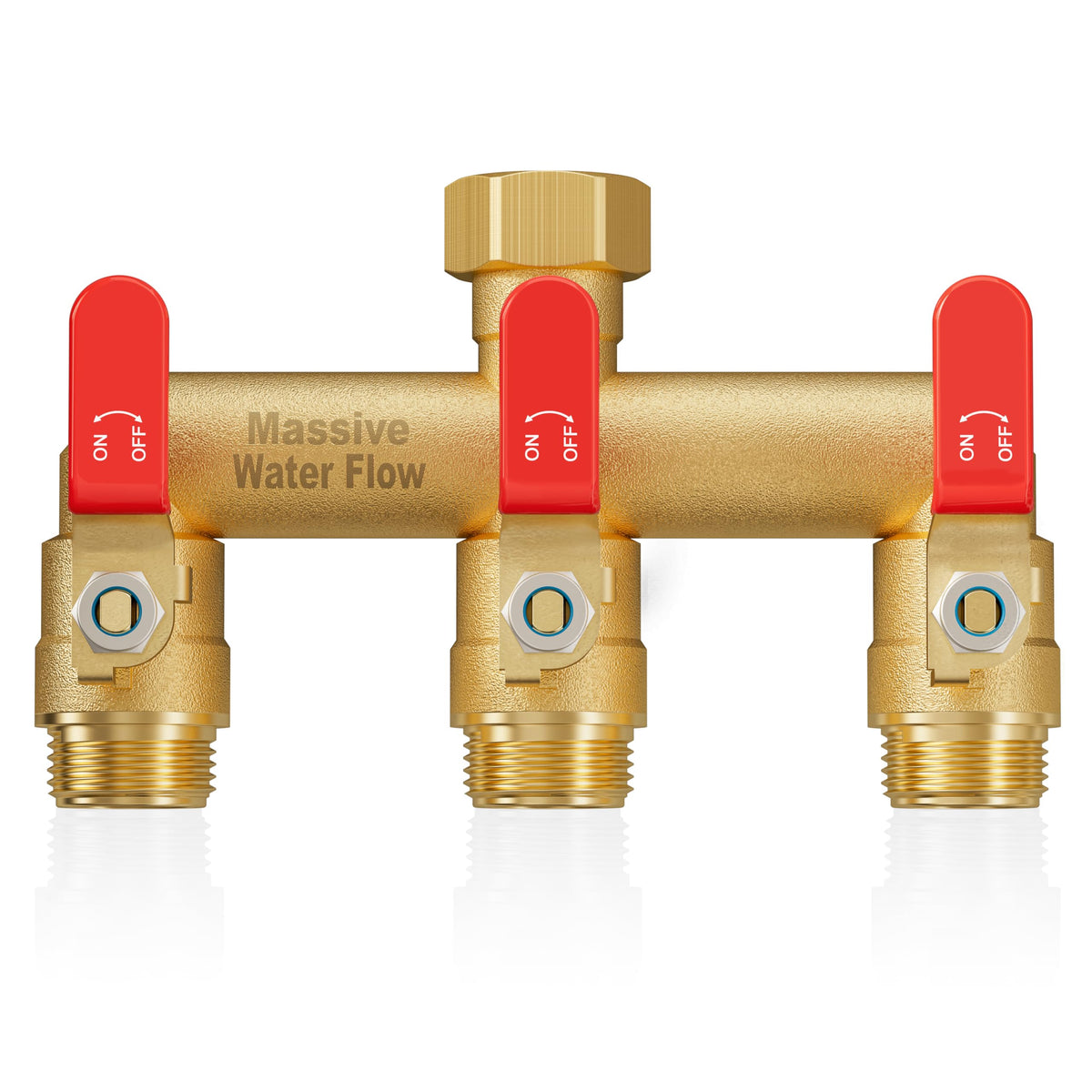 LNEZCDB front view of red 3-way splitter showing full-flow exits and robust body benefit durable multihose use