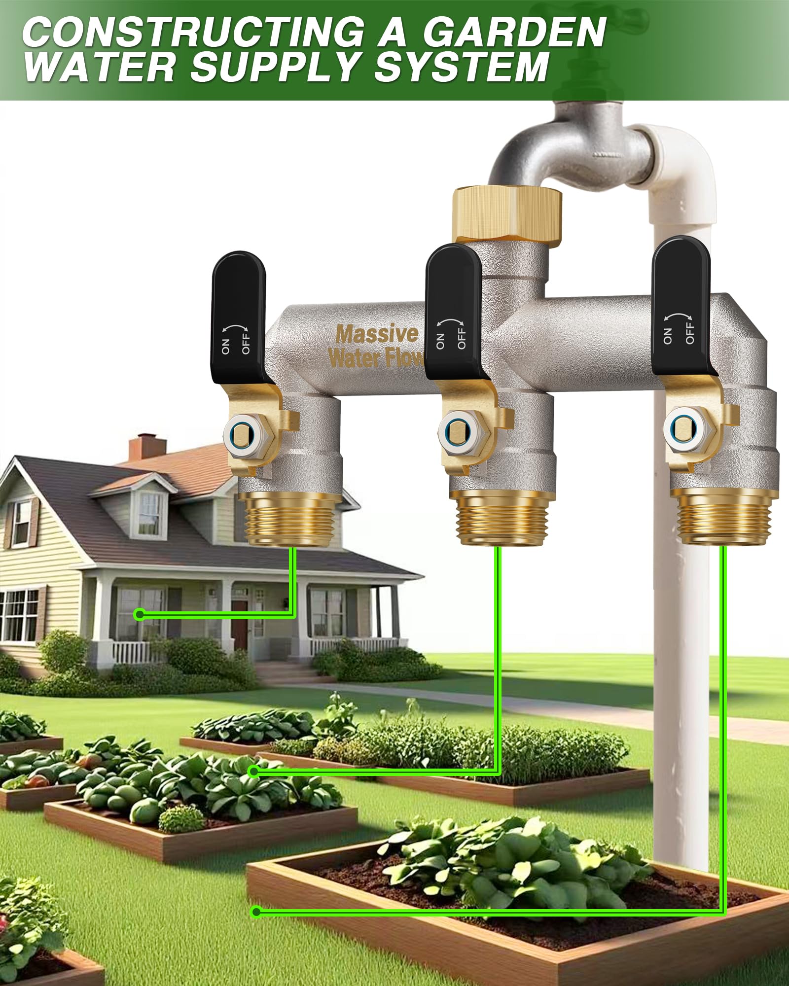 LNEZCDB connected to a garden sprinkler showing simultaneous watering capability and flow efficiency