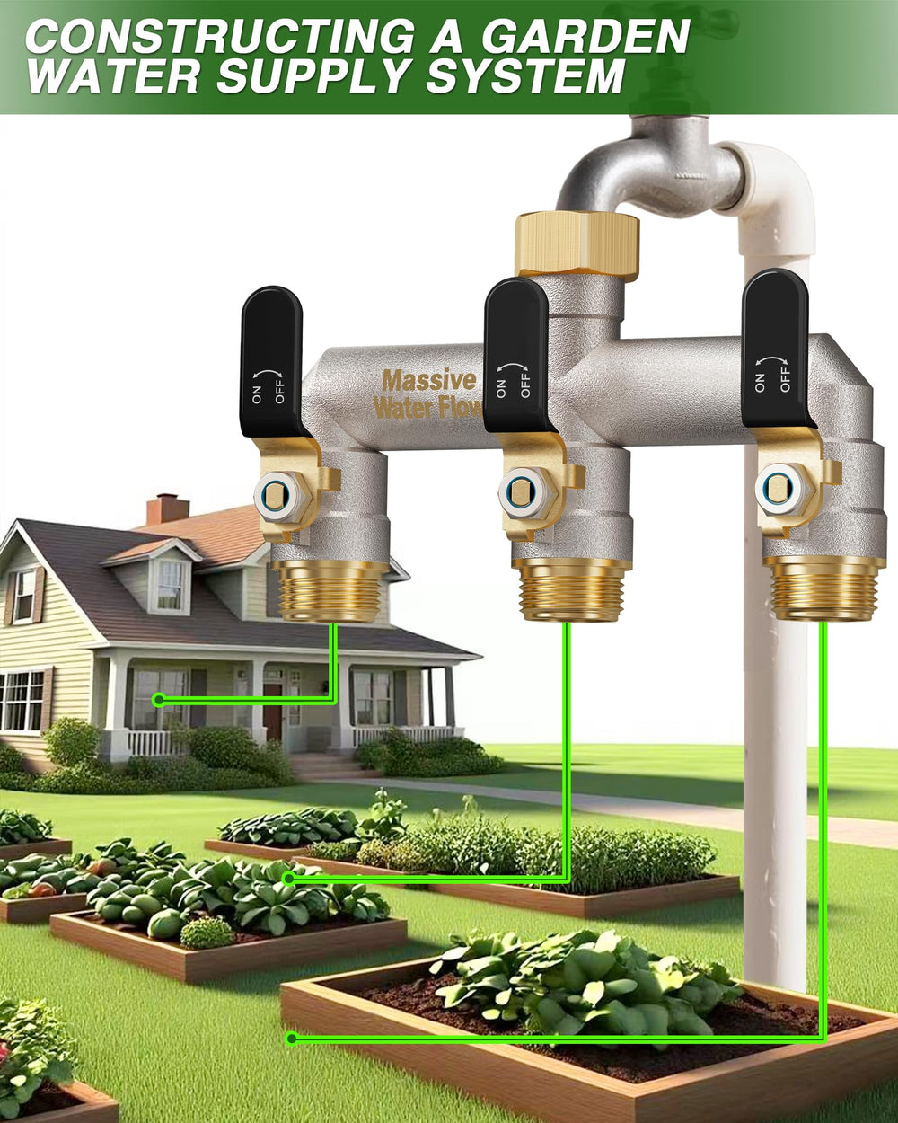 LNEZCDB connected to a garden sprinkler showing simultaneous watering capability and flow efficiency