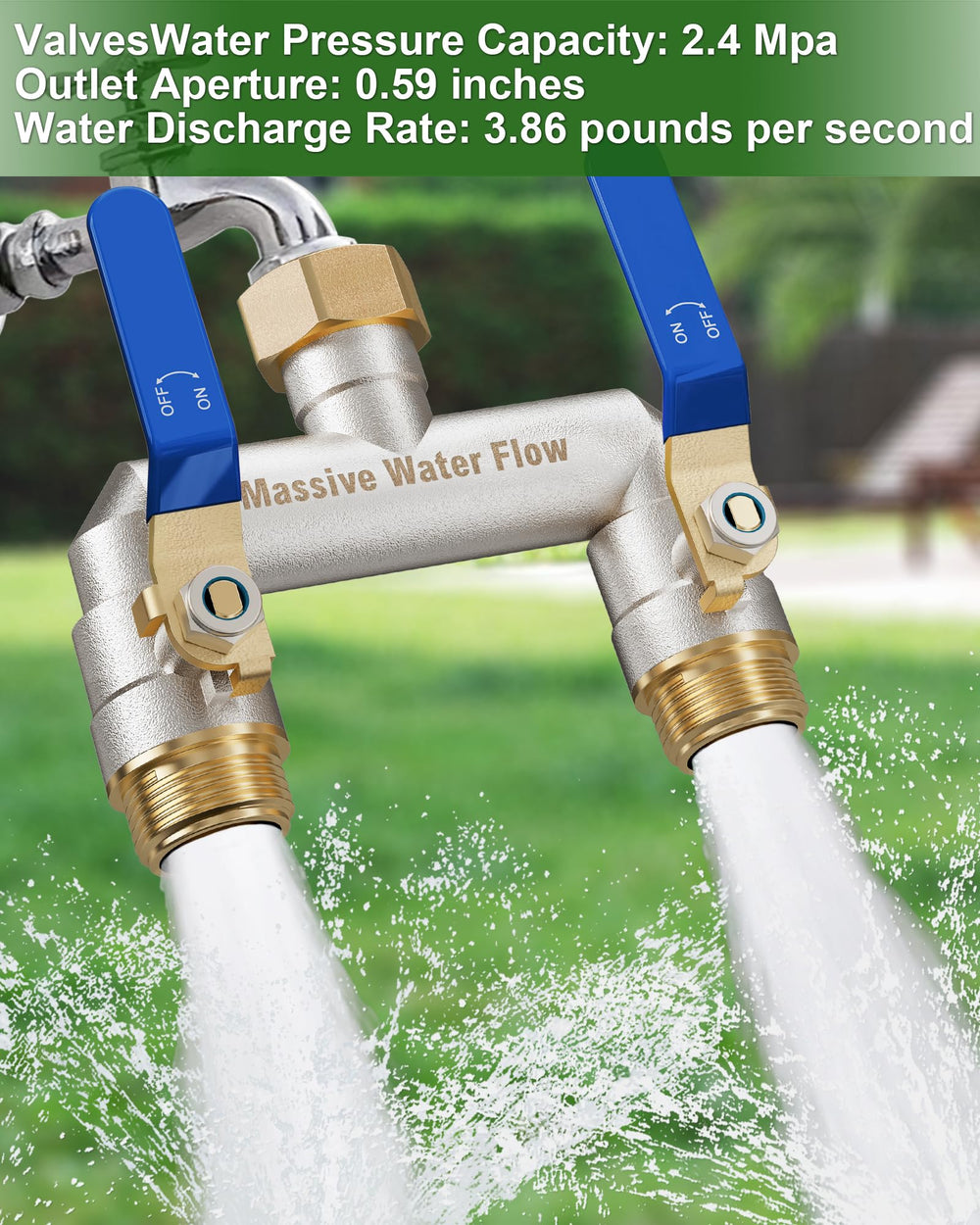 LNEZCDB installed on outdoor faucet with two hoses demonstrating multitasking capability