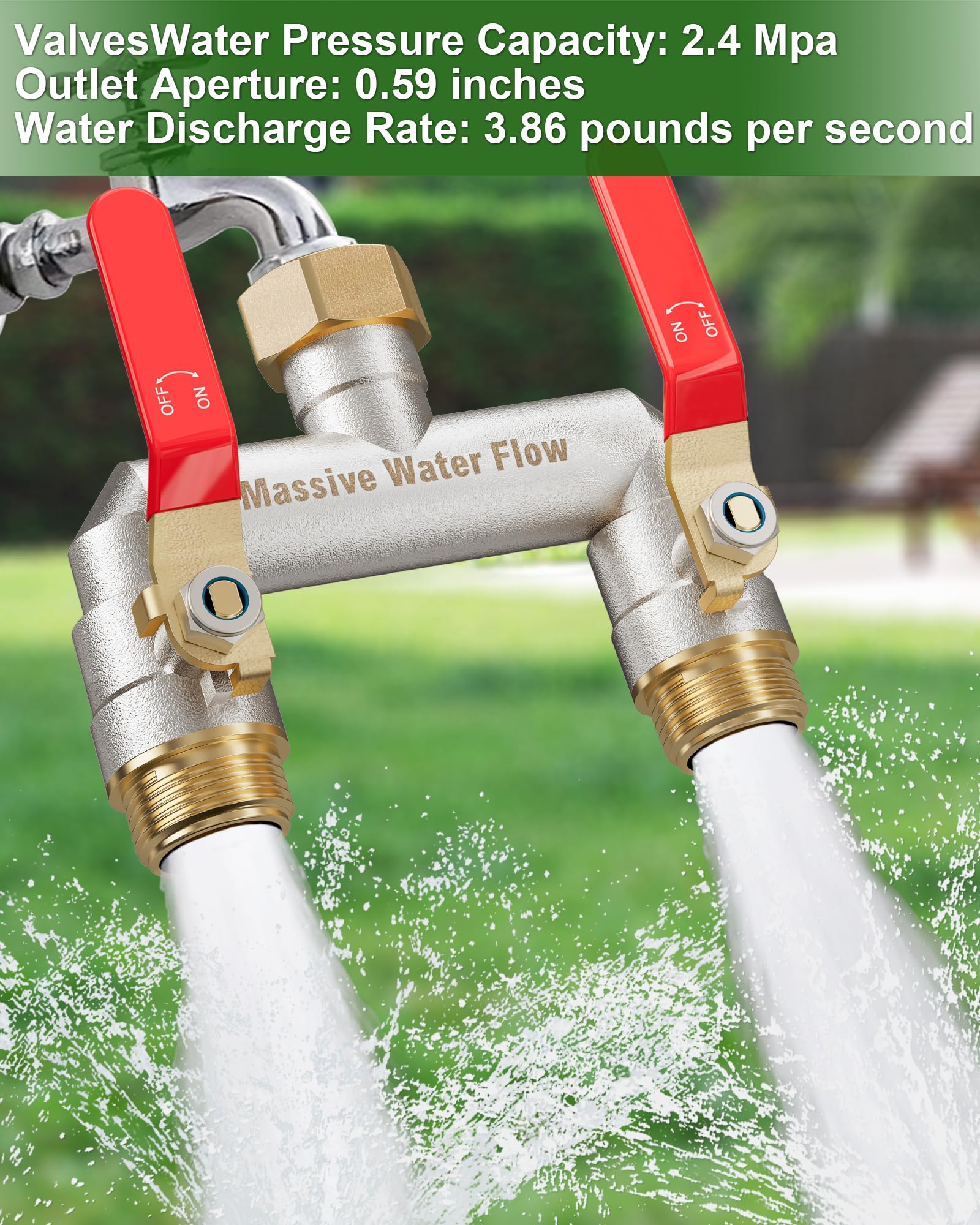 LNEZCDB installed on faucet with two hoses for simultaneous watering efficiency
