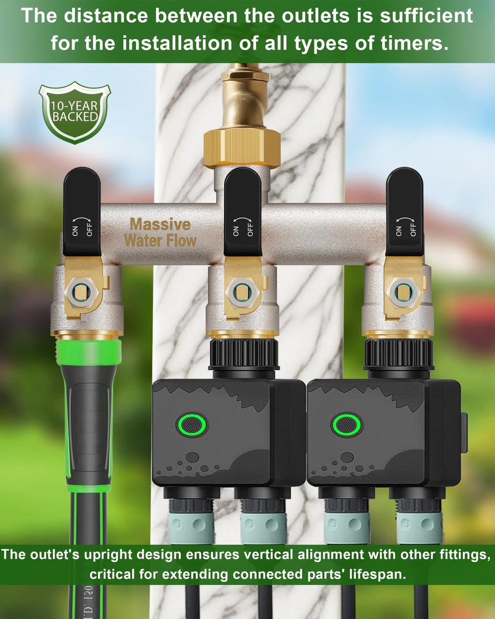 LNEZCDB beside a garden hose for scale to show compact size and heavy-duty brass weight