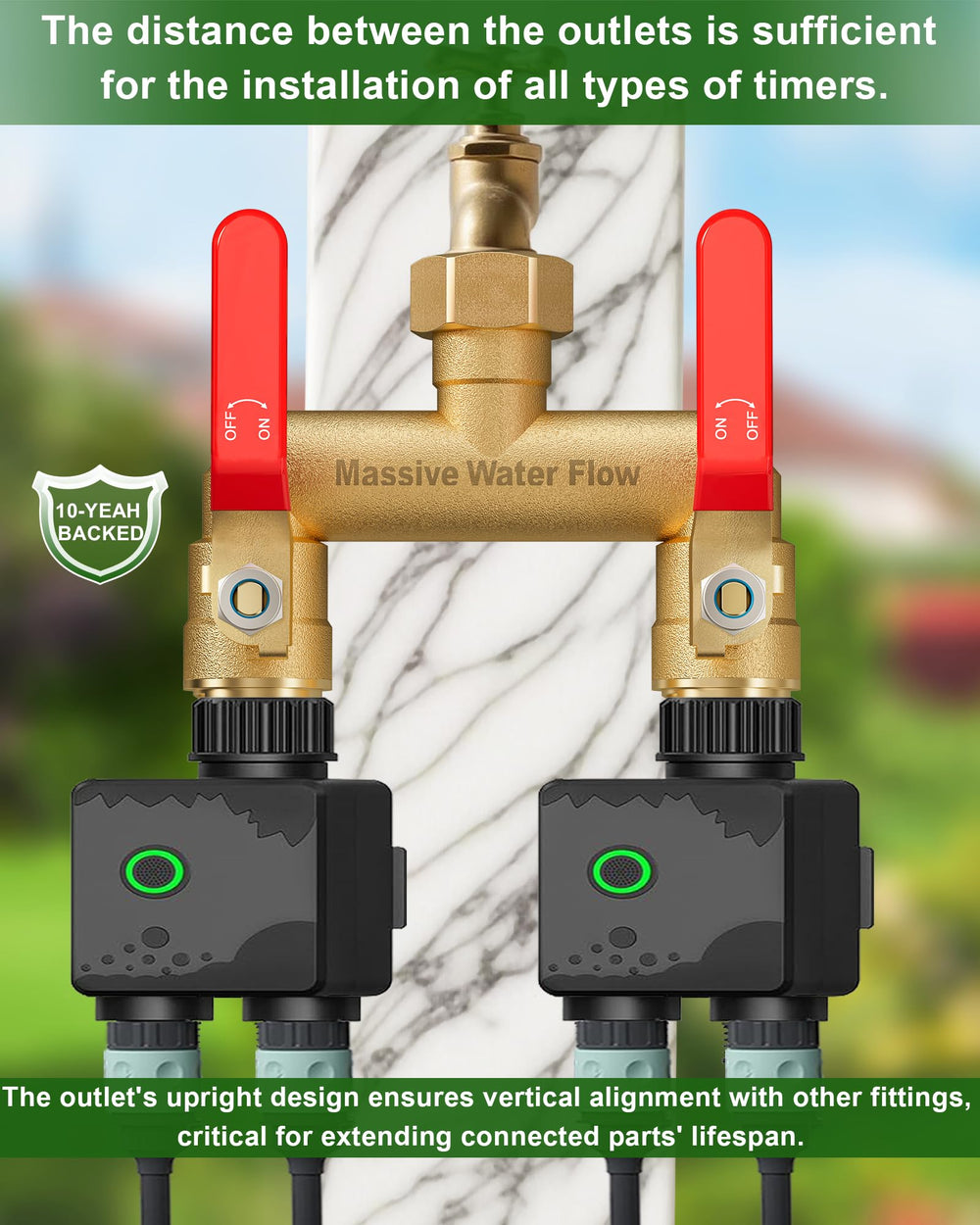 LNEZCDB size comparison with hose and timer illustrating outlet spacing