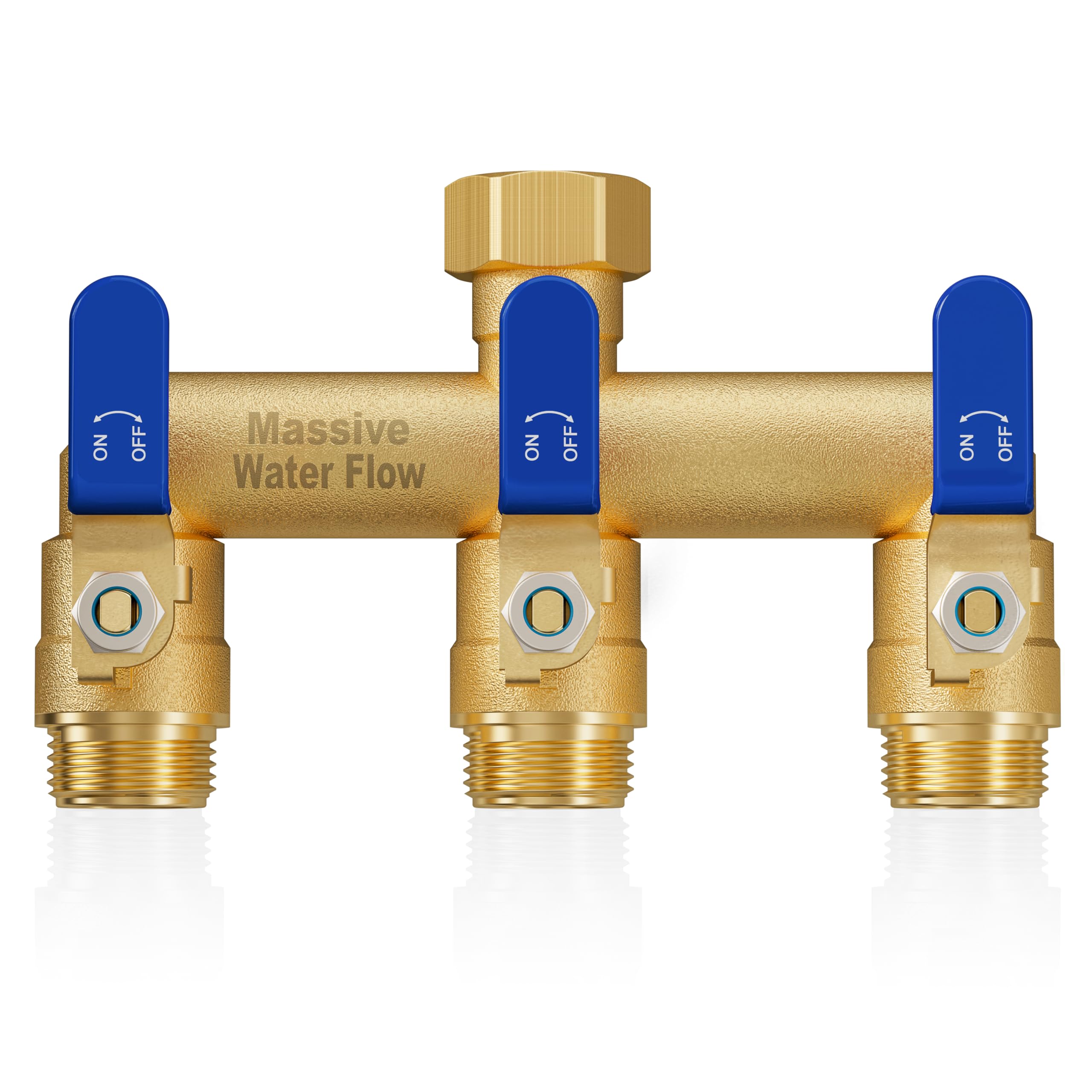 LNEZCDB front view of brass 3-way splitter showing compact durable design and reliable multi-hose use