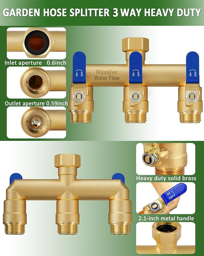 LNEZCDB installed on outdoor faucet with one inlet and three connected hoses for yard multitasking