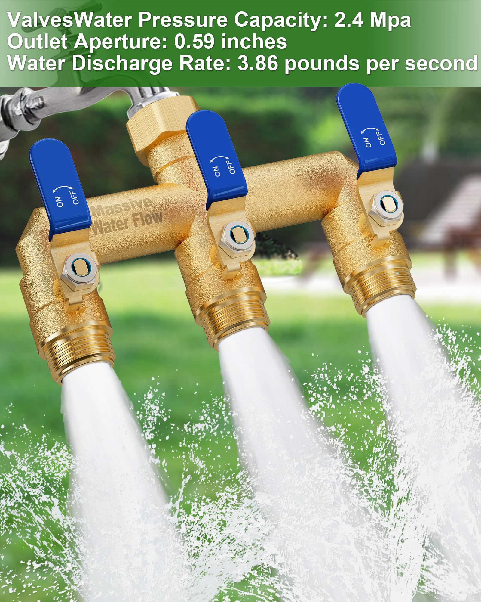 LNEZCDB splitter feeding three hoses simultaneously to run sprinkler and watering hose efficiently