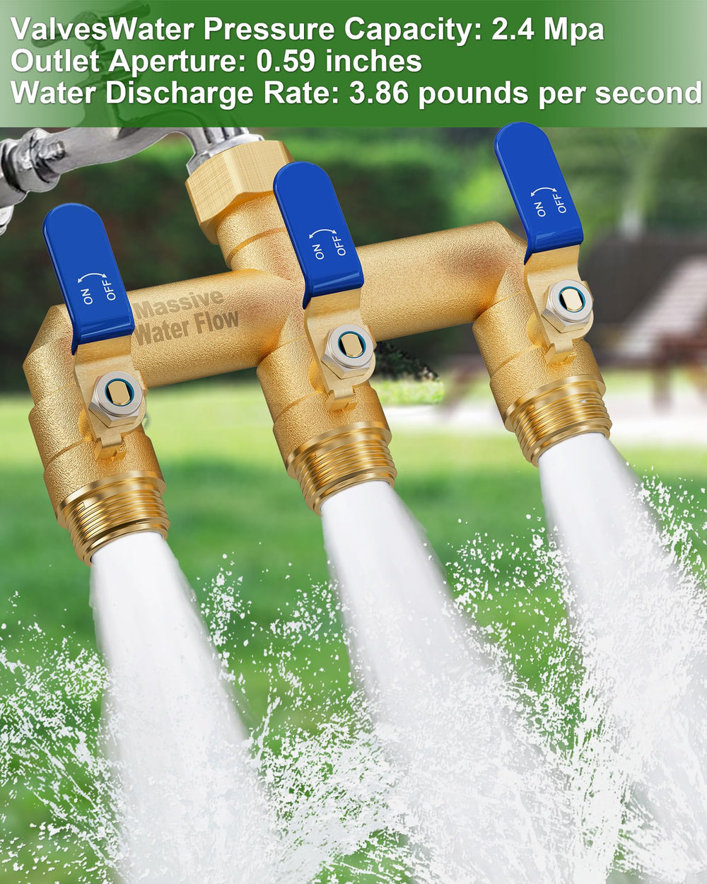 LNEZCDB splitter feeding three hoses simultaneously to run sprinkler and watering hose efficiently