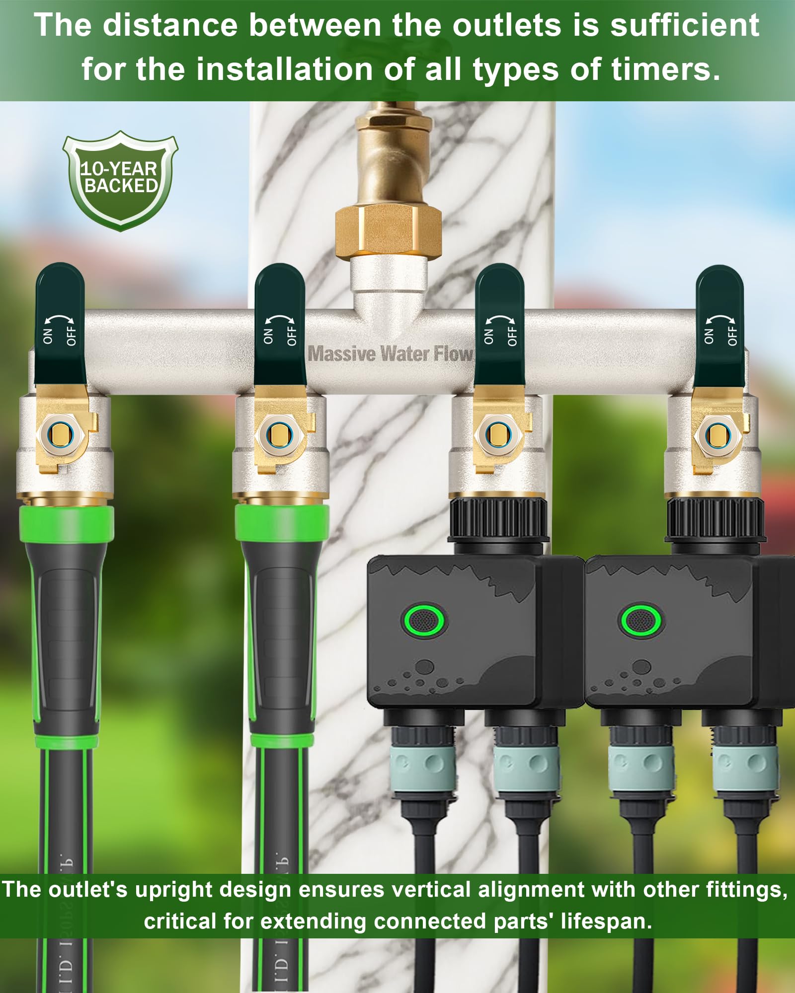 LNEZCDB valve open with strong water stream showing full-flow performance at each outlet