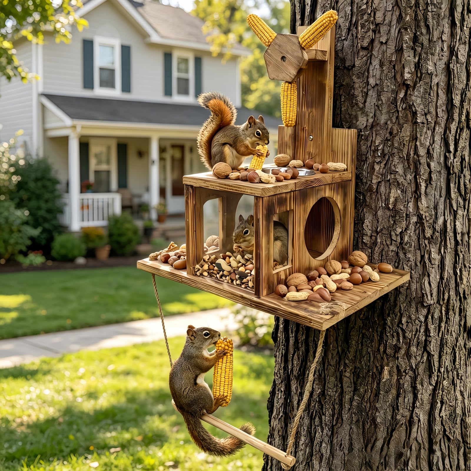 Lnncdsc feeder front view showing wooden body and three ear openings for attraction