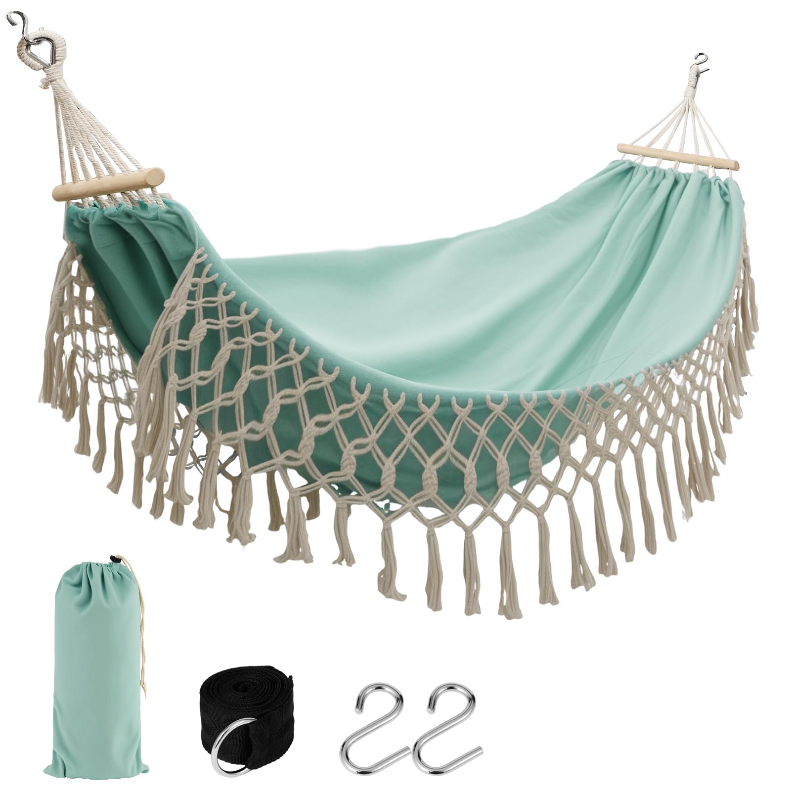 LNWQSQR front view of mint green canvas hammock showing full bed and tassels for cozy lounging