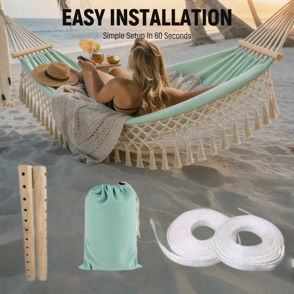 LNWQSQR hammock next to a chair to show 79x39 inch size and scale for small spaces
