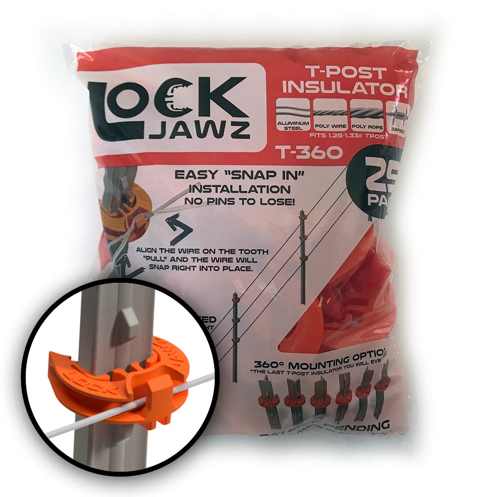Lock Jawz front view of orange bulk box showing 100 insulators and clear labeling