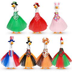 Locmeo front view complete set showing seven colorful goose costumes and variety