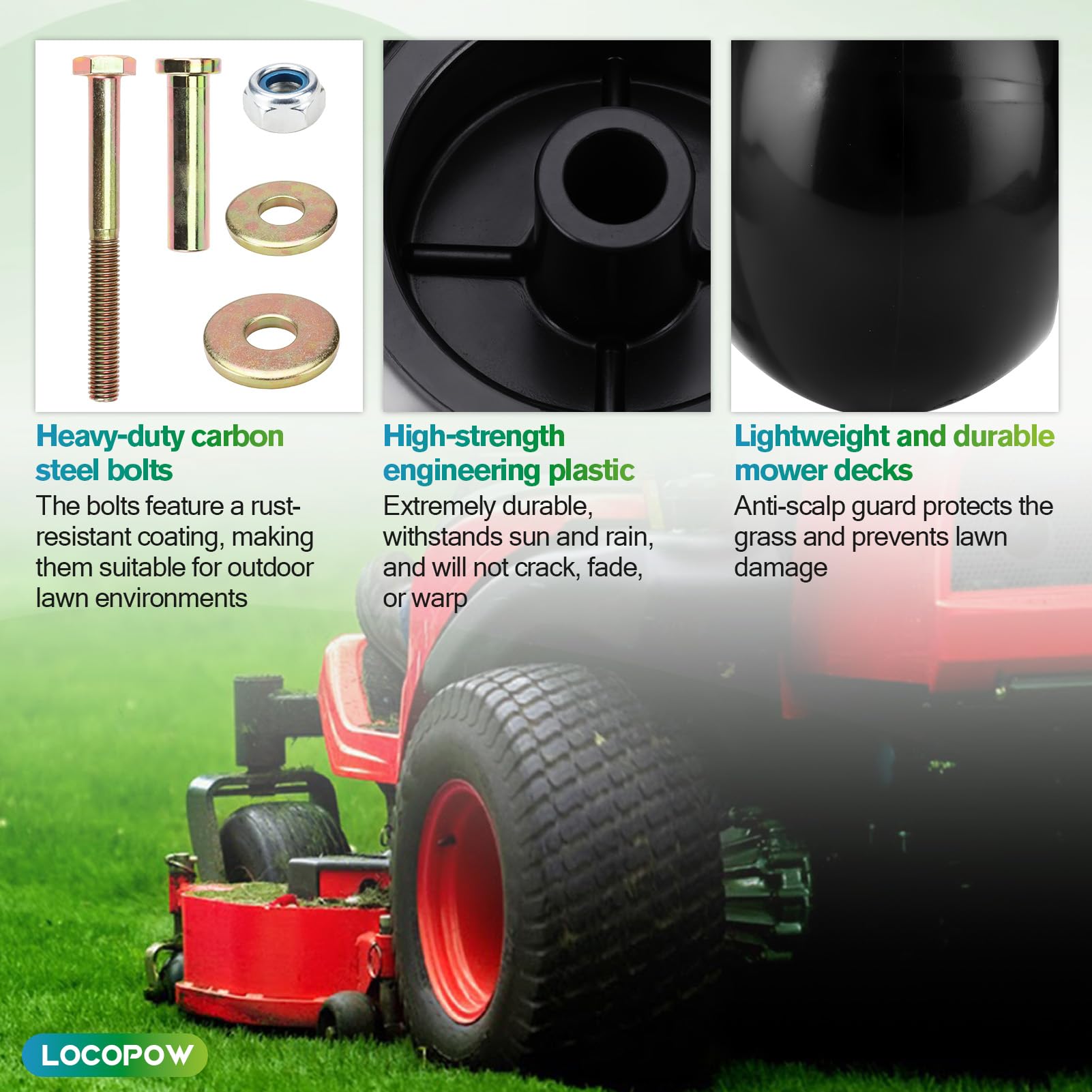LOCOPOW wheel installed on mower deck showing improved deck mobility