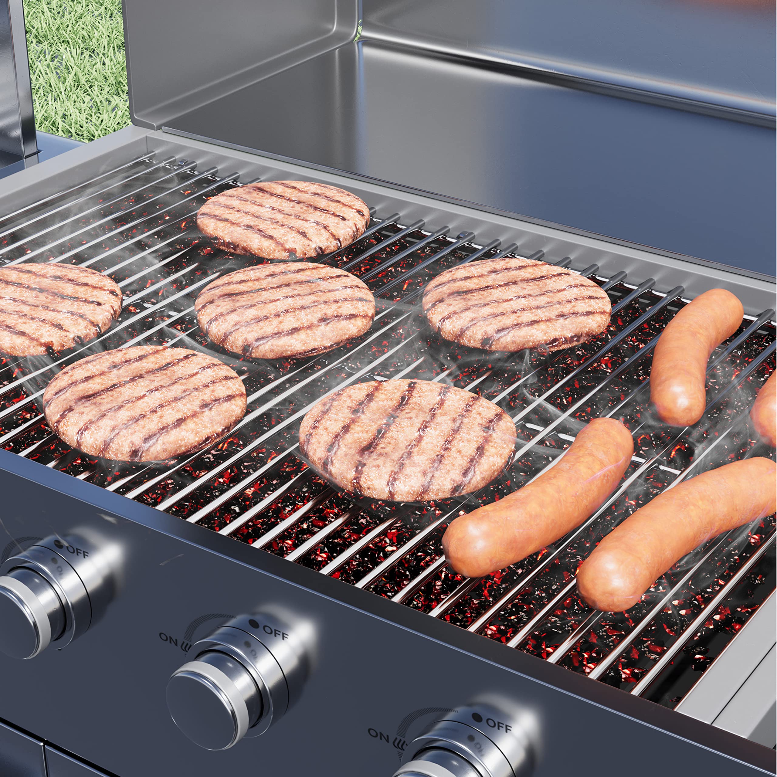 LOCVCDA grates in use grilling steaks illustrating clear char marks and easy cleanup benefit