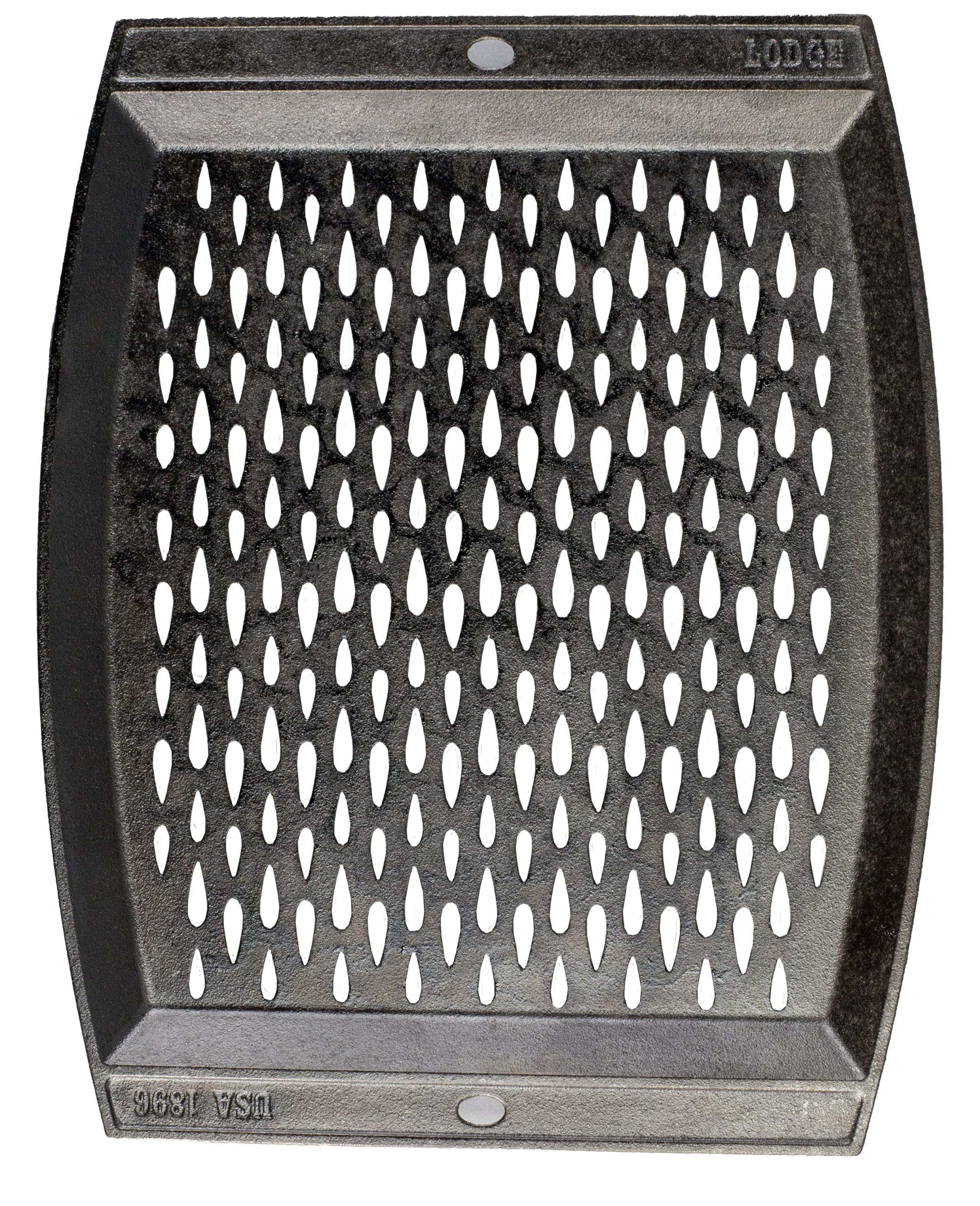 Lodge close-up of teardrop perforations letting smoke in and preventing food from falling