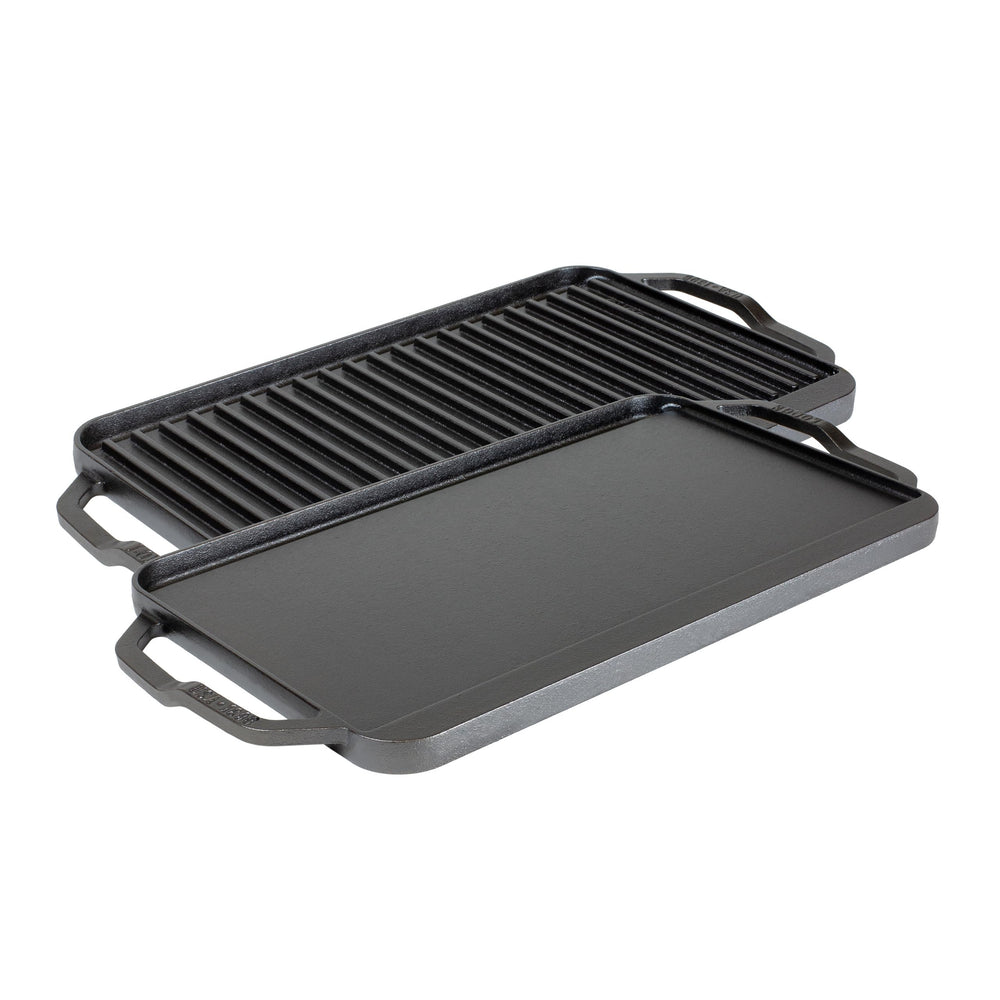 Lodge front view of grillgriddle showing full two-burner surface and handles for easy placement