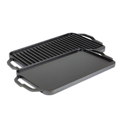 Lodge front view of grillgriddle showing full two-burner surface and handles for easy placement