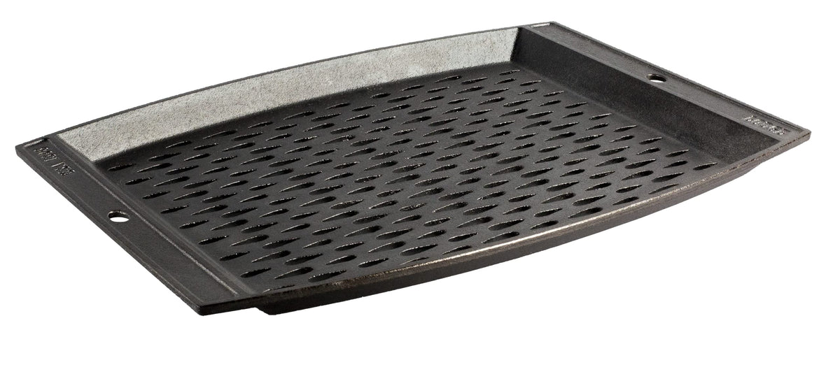 Lodge front view of rectangle grill topper showing roomy surface and handles for easy grilling