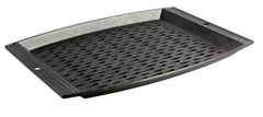 Lodge front view of rectangle grill topper showing roomy surface and handles for easy grilling