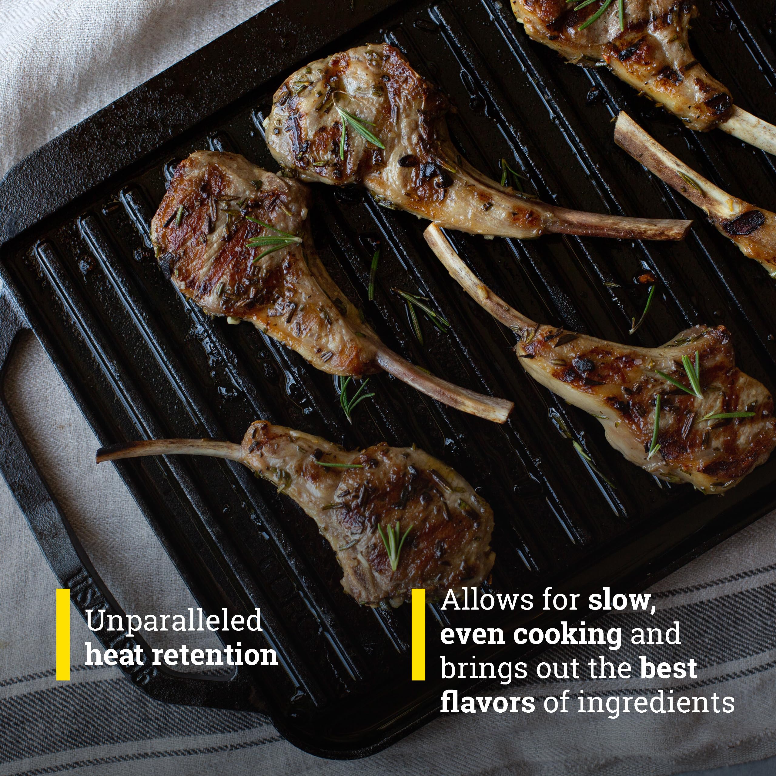 Lodge griddle in use across two stovetop burners delivering even heat for multiple items
