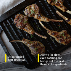 Lodge griddle in use across two stovetop burners delivering even heat for multiple items