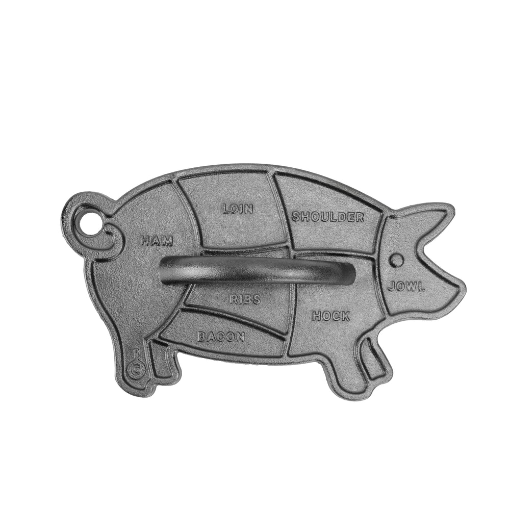 Lodge pig press front view ensures even sear and flat cooking