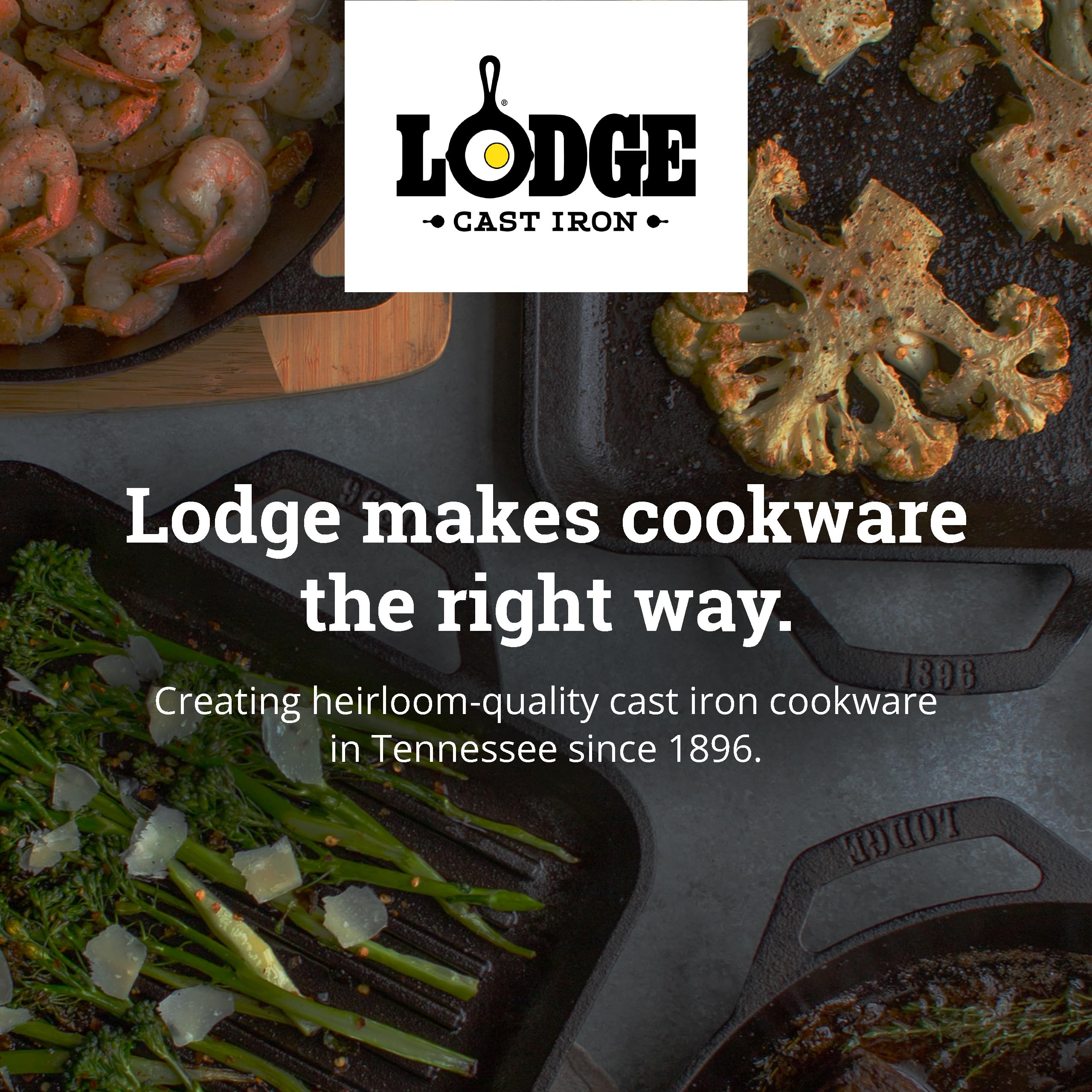 Lodge product label close-up highlighting cast iron construction and made in USA quality