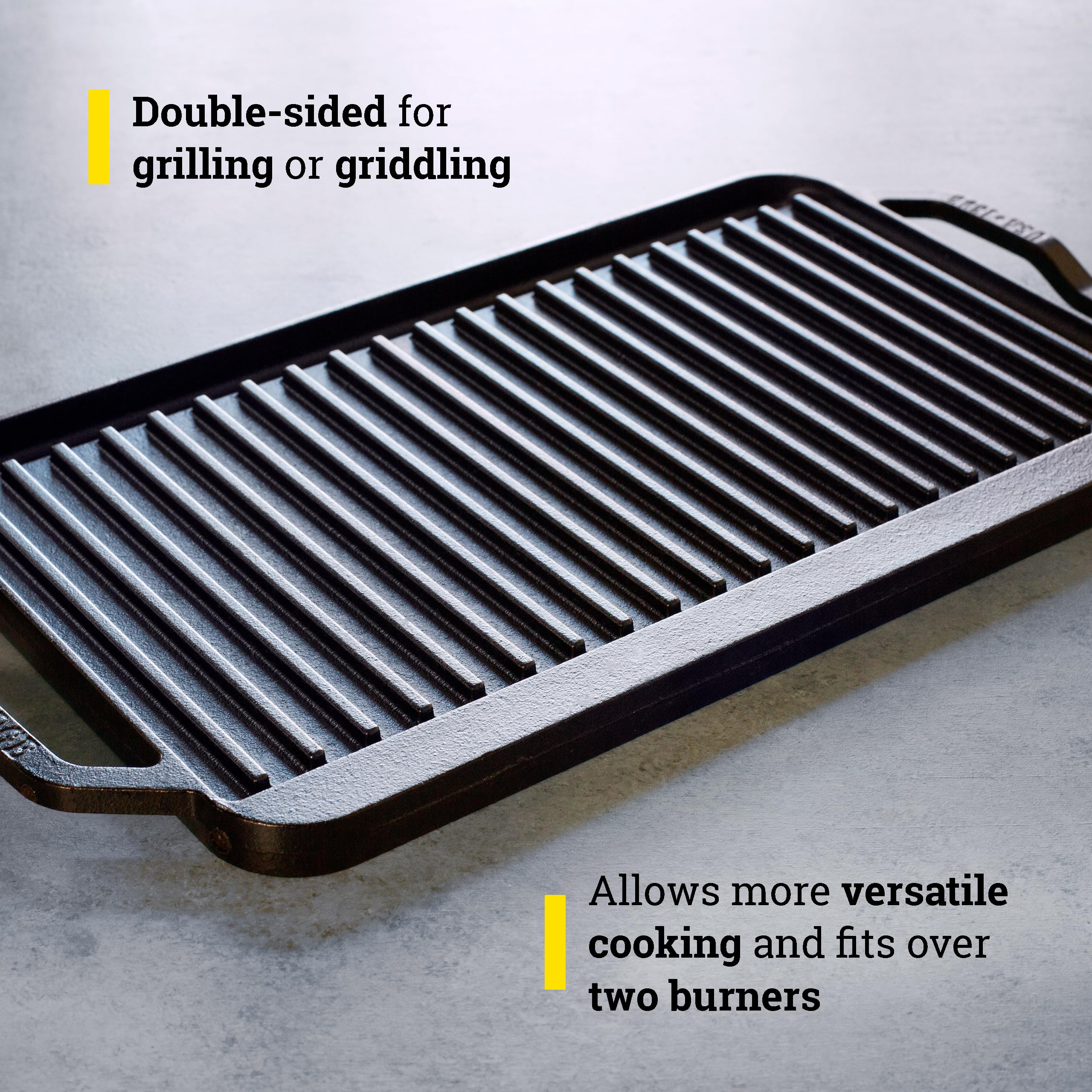 Lodge detailed view of ridged grill side showing defined grill marks for better browning
