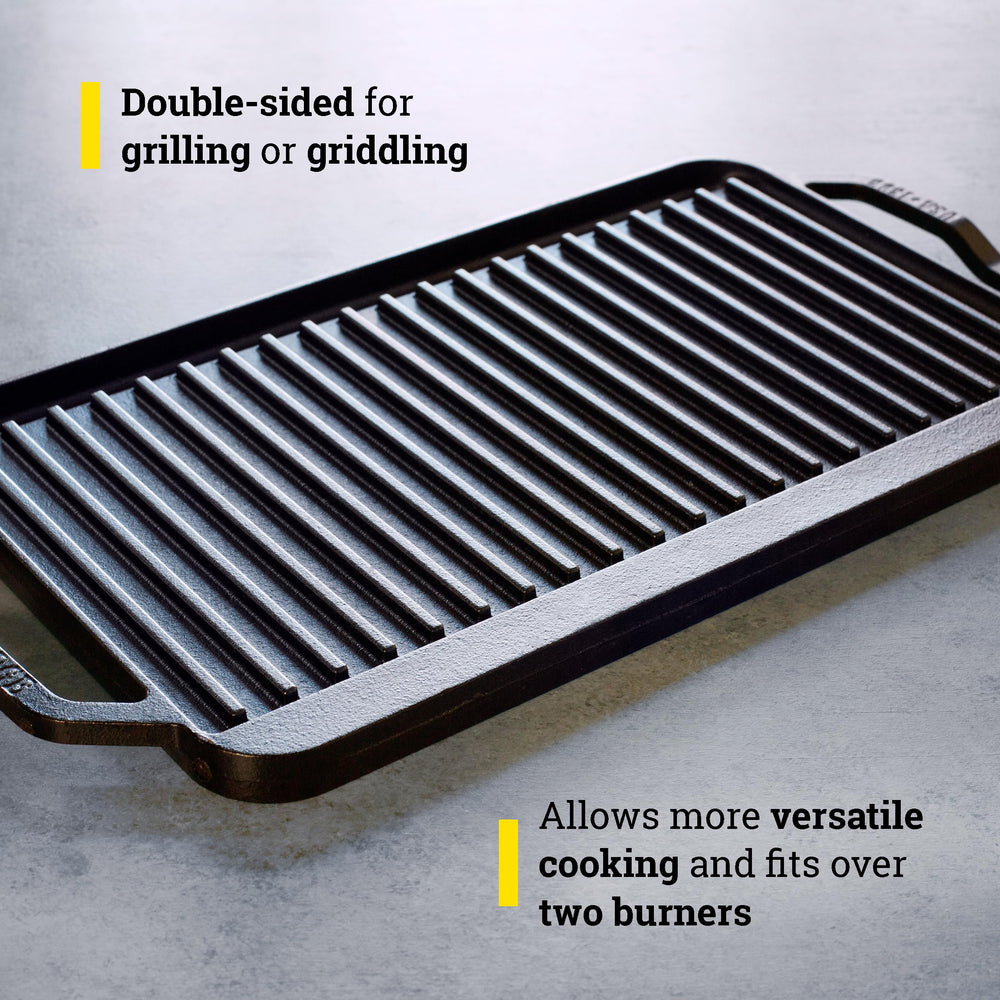Lodge detailed view of ridged grill side showing defined grill marks for better browning