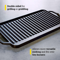 Lodge detailed view of ridged grill side showing defined grill marks for better browning