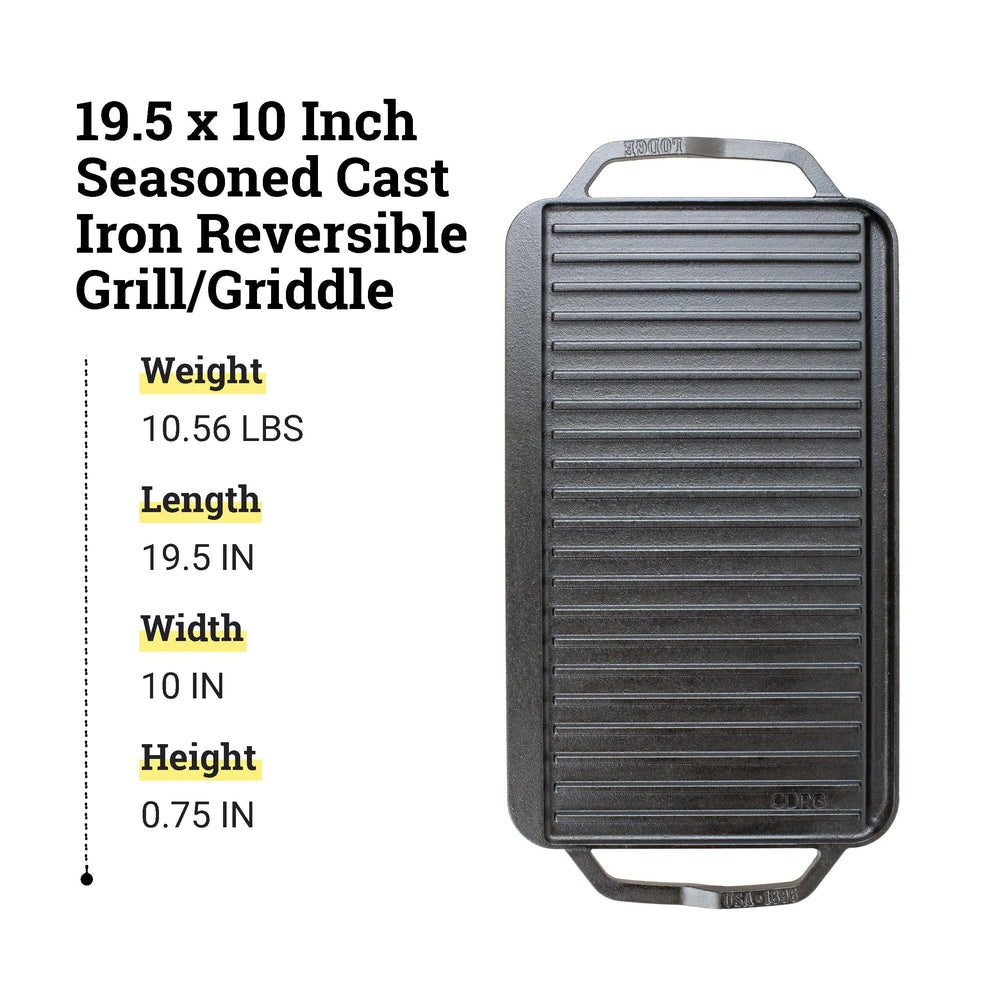 Lodge griddle beside spatula and plate to show 19.5 by 10 inch size and cooking capacity