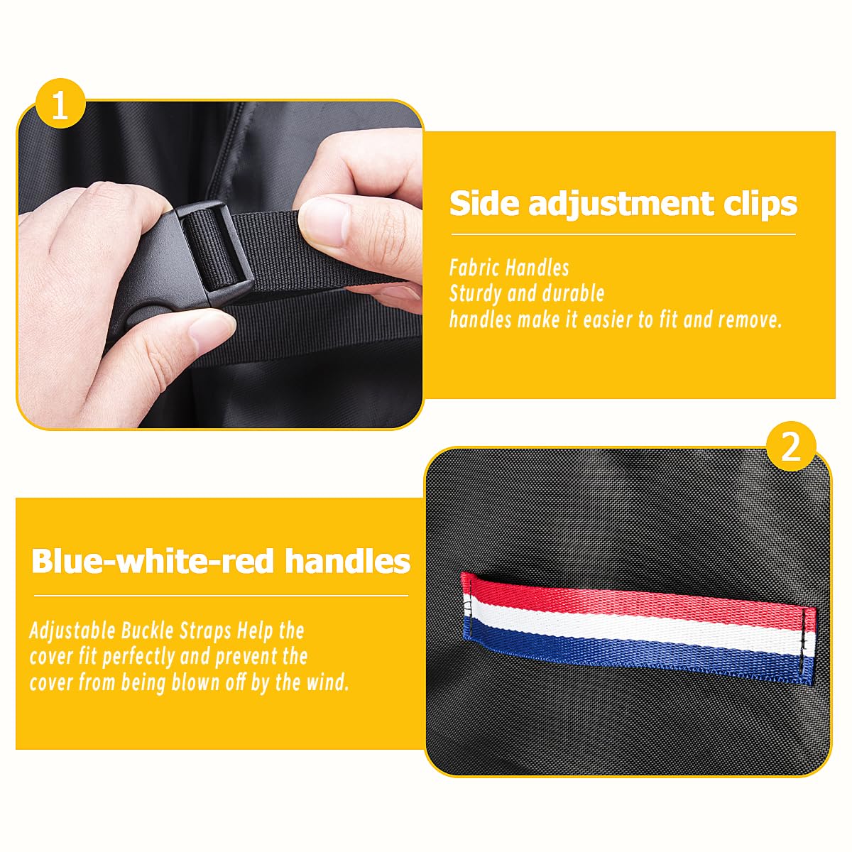 Loenel click-close straps fastened under bench, secures cover in wind