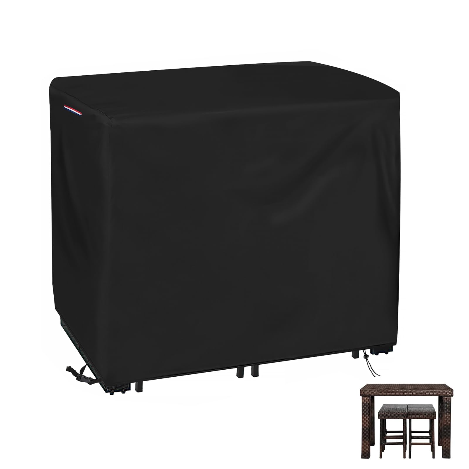 Loenel front view of cover protecting bar table, shows full weather protection