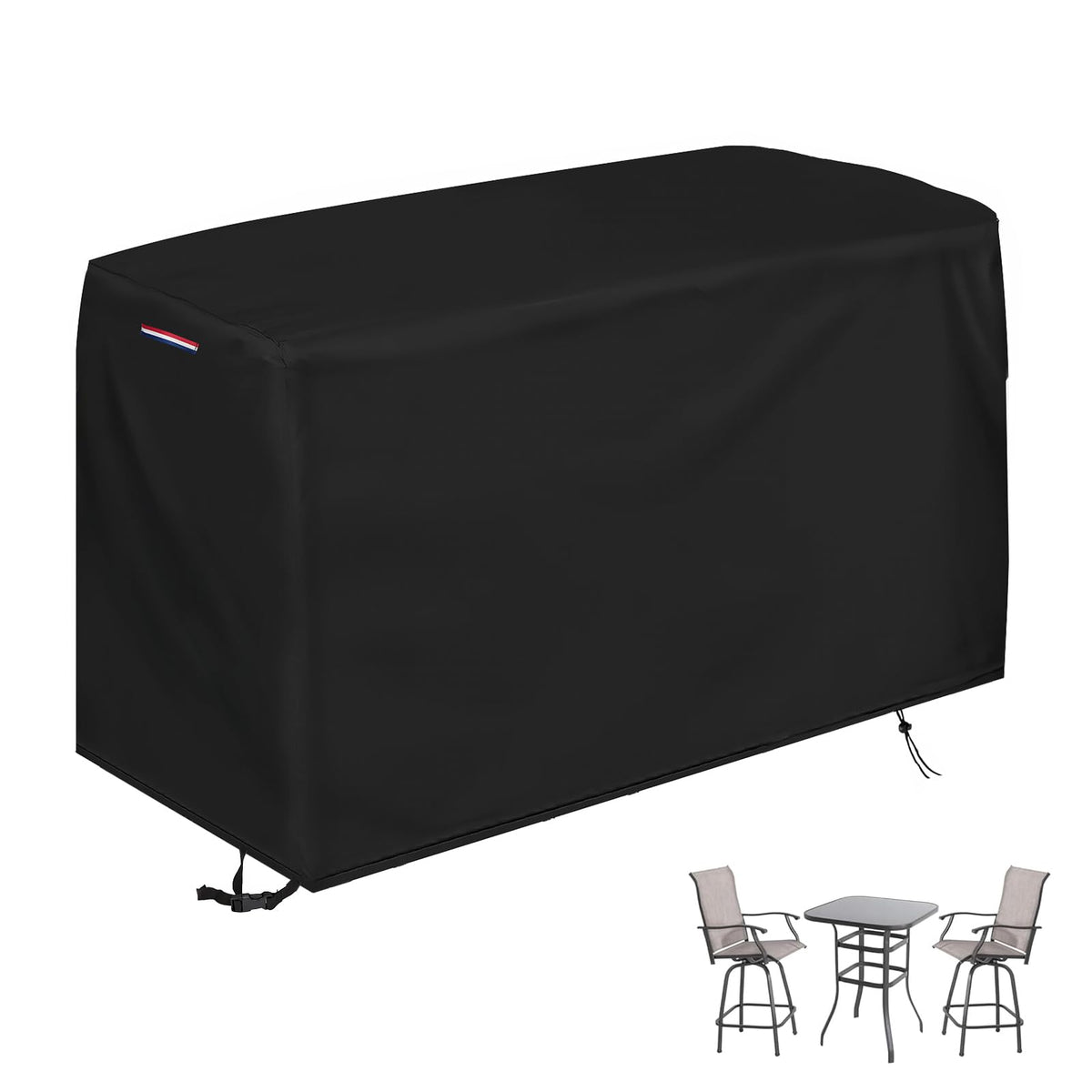 Loenel front view showing cover protecting bar set, keeps furniture dry