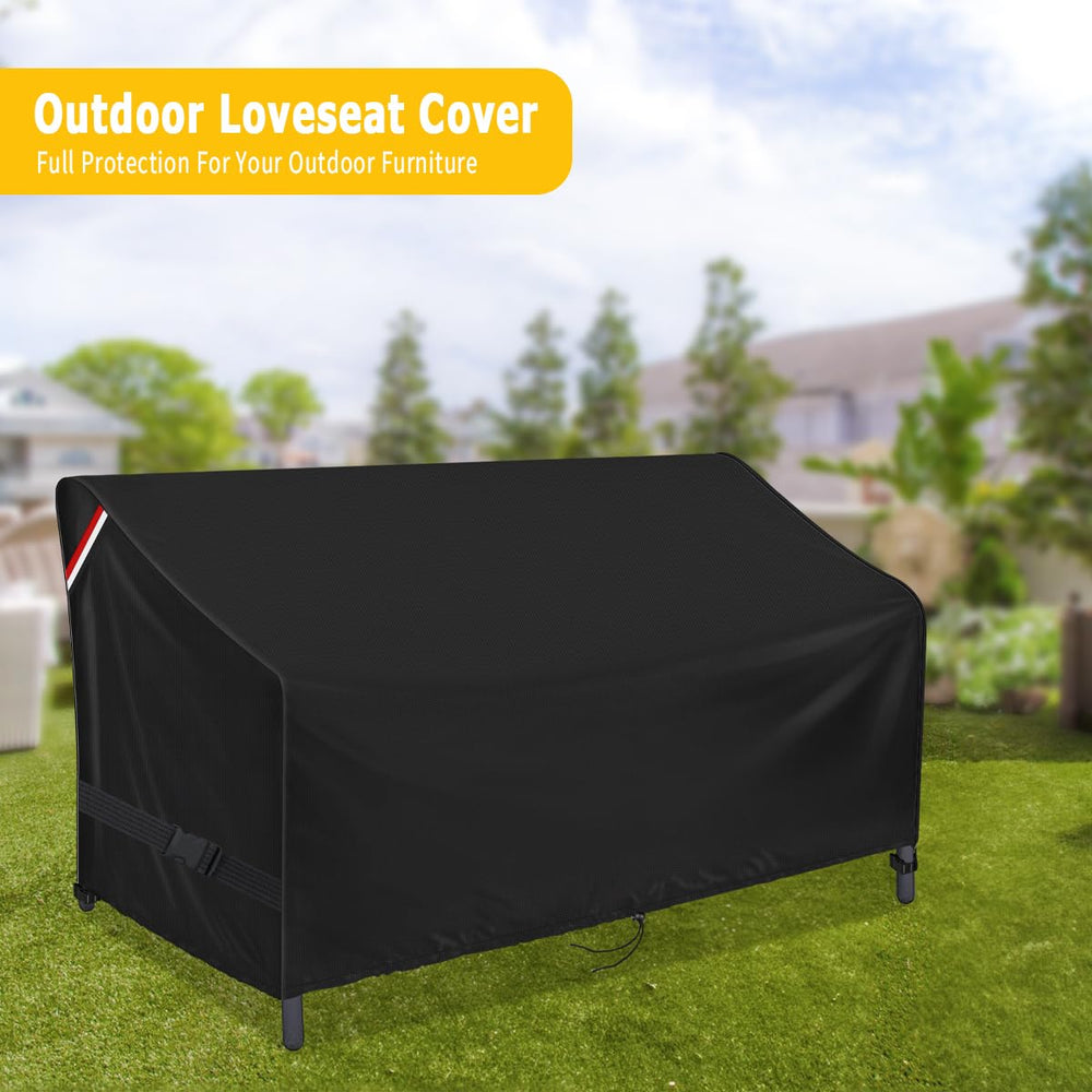 Loenel covered loveseat on wet patio, keeps furniture dry and protected