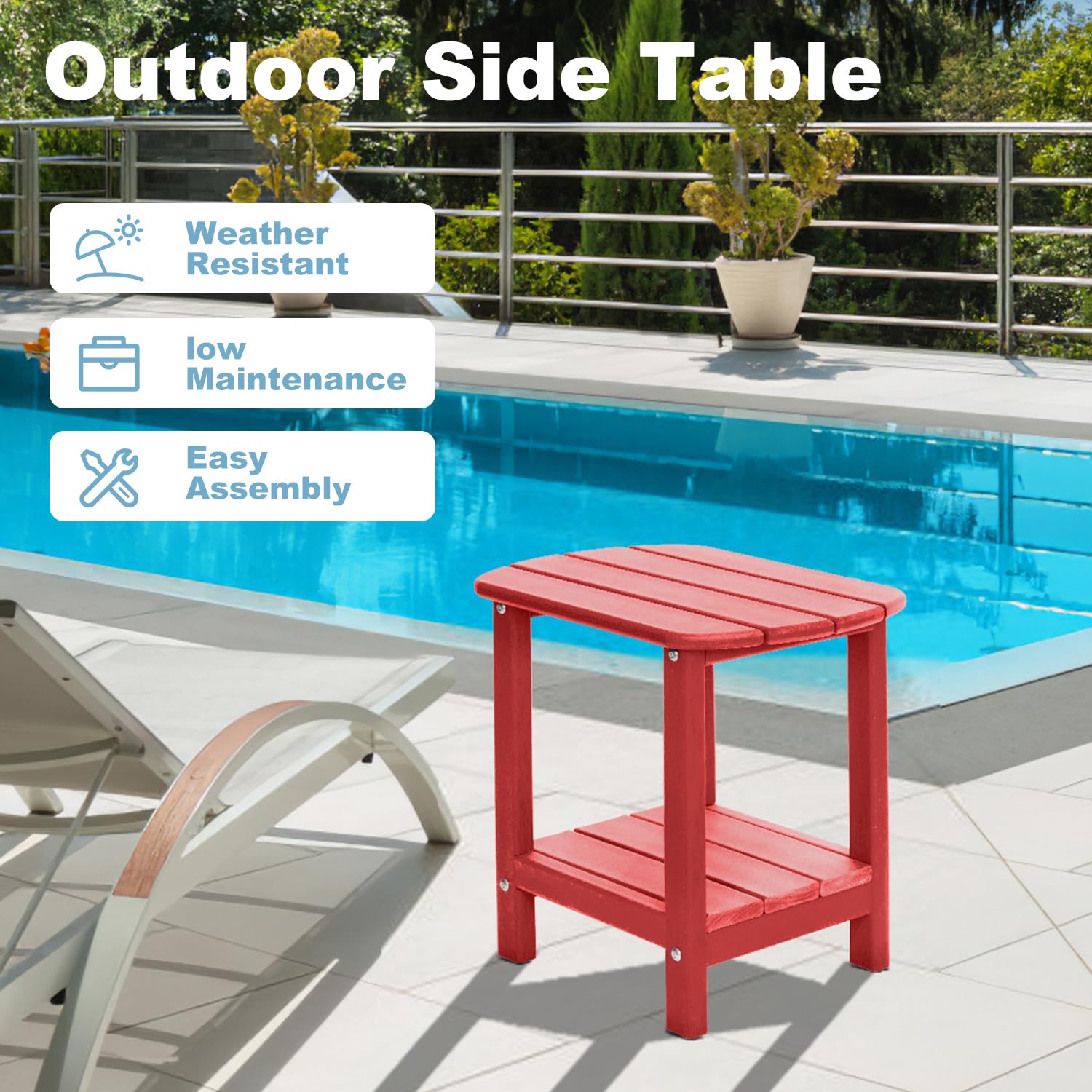 LOENIY patio lifestyle scene with table by pool showing outdoor durability benefit