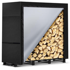 LOENIY front view of assembled rack showing storage capacity and weather cover benefit