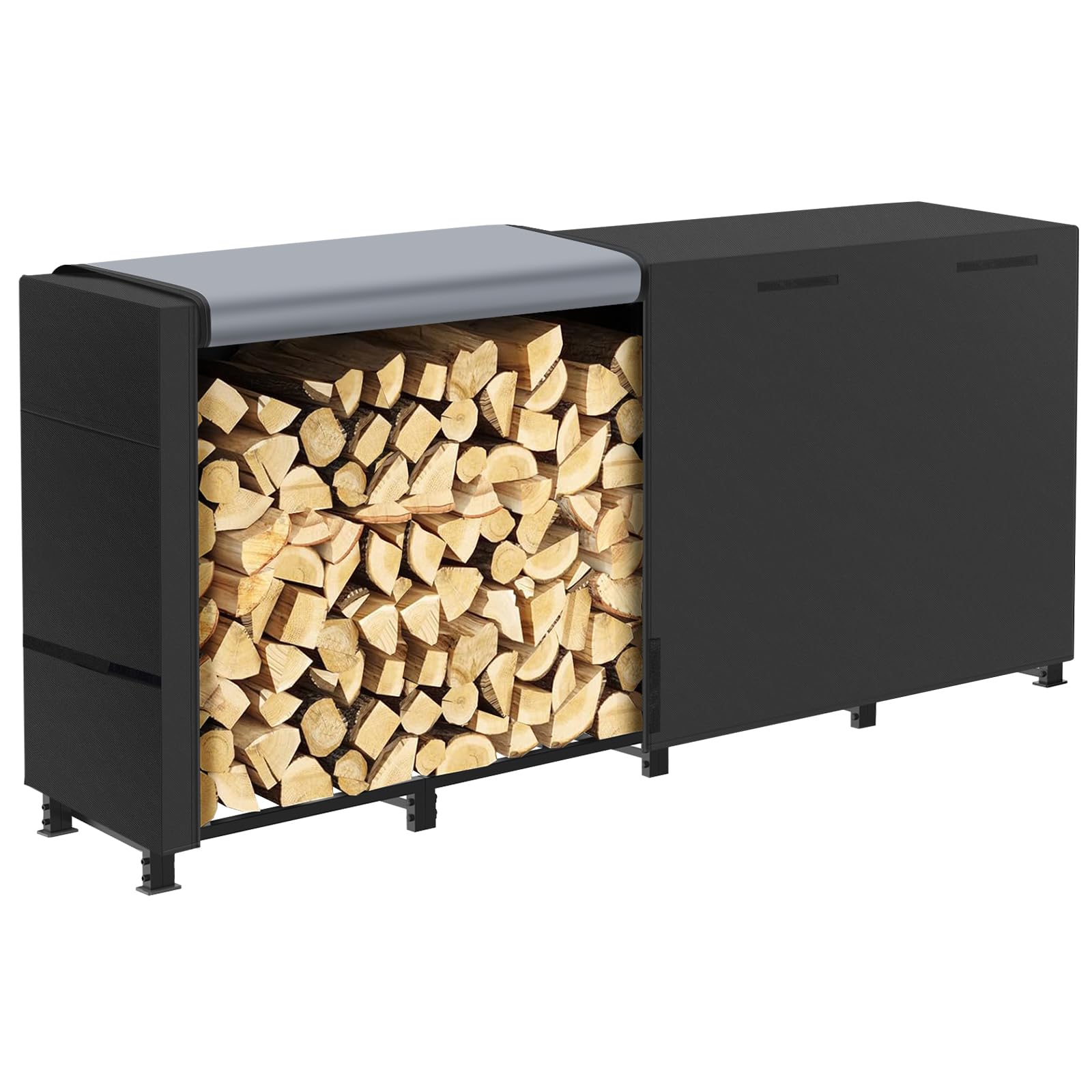 LOENIY front view of full 8ft rack showing organized dry firewood
