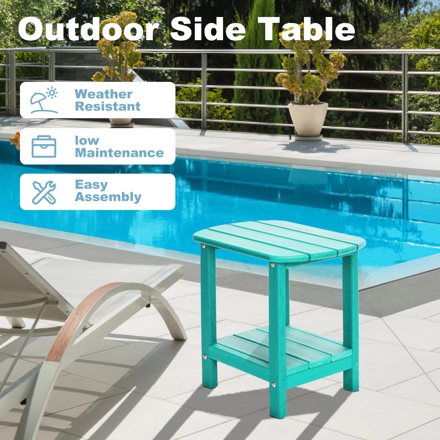 LOENIY poolside setup illustrating weather-resistant surface and outdoor versatility