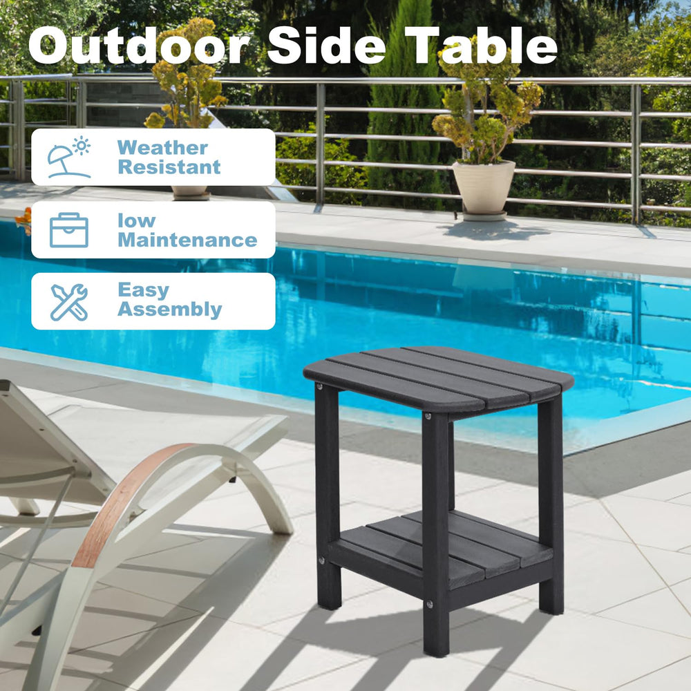 LOENIY table outdoors in rain and sun showing weatherproof longevity