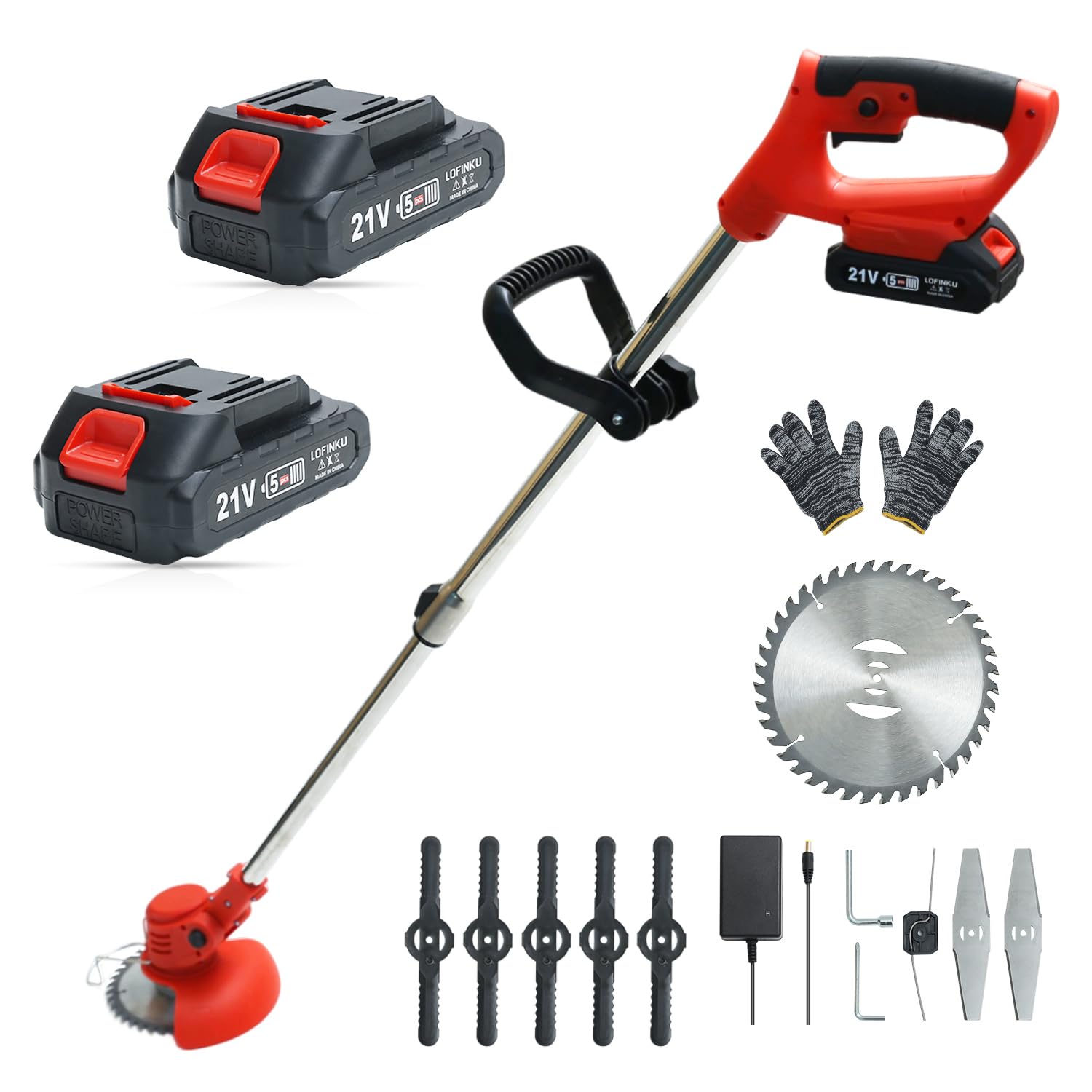 LOFINKU front view of red cordless trimmer showcasing compact design and portability